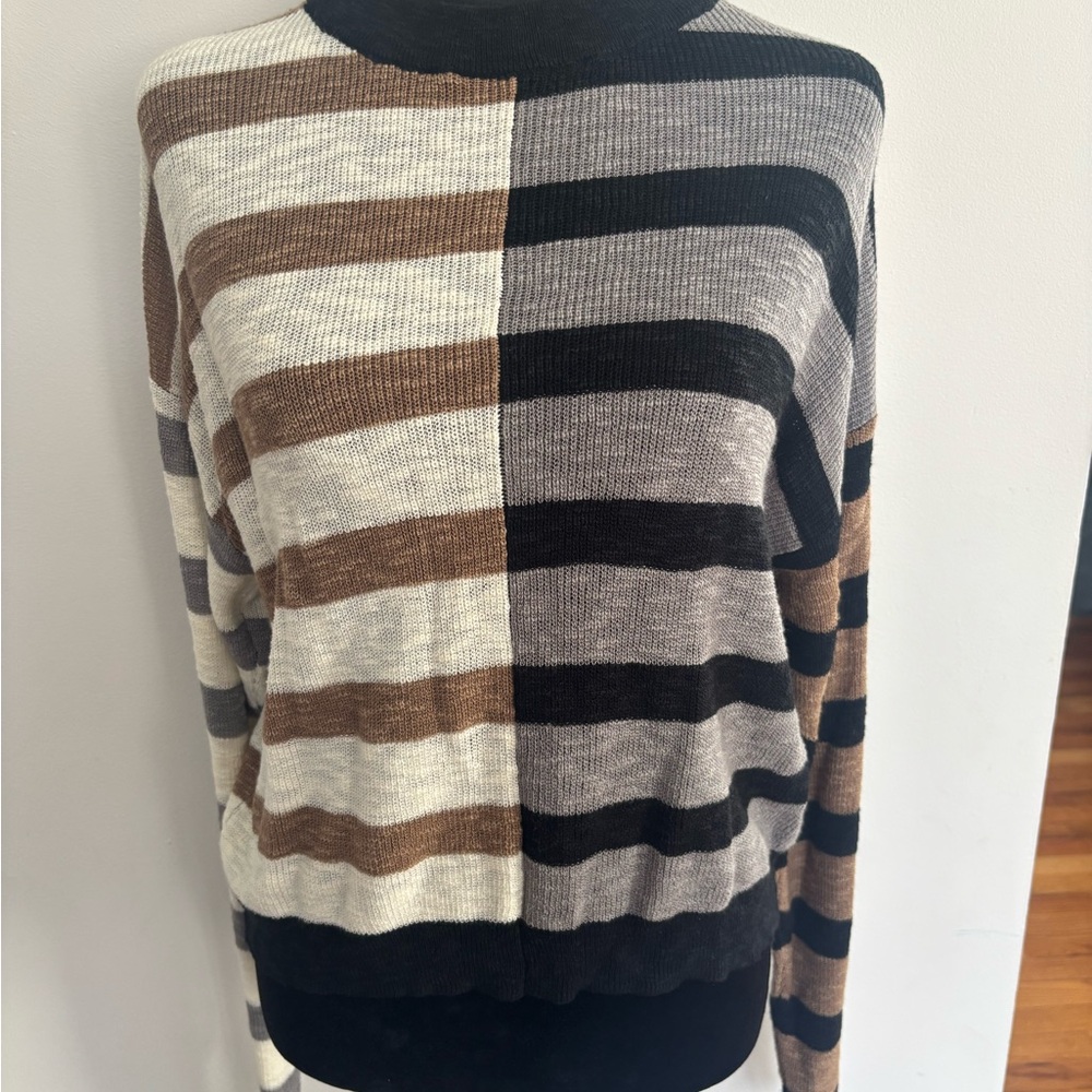 Promesa Colorblock Striped Crewneck Sweater in Black, Brown, Cream